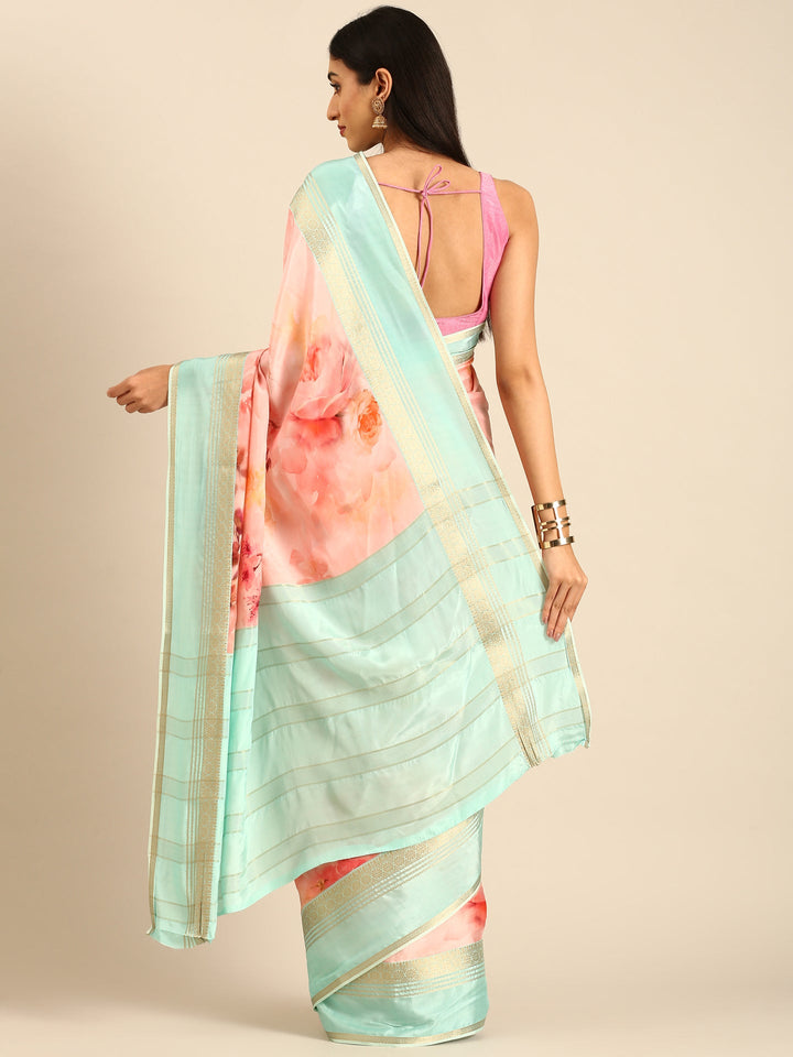 Neerus Pink crepe woven saree with zari border - back view