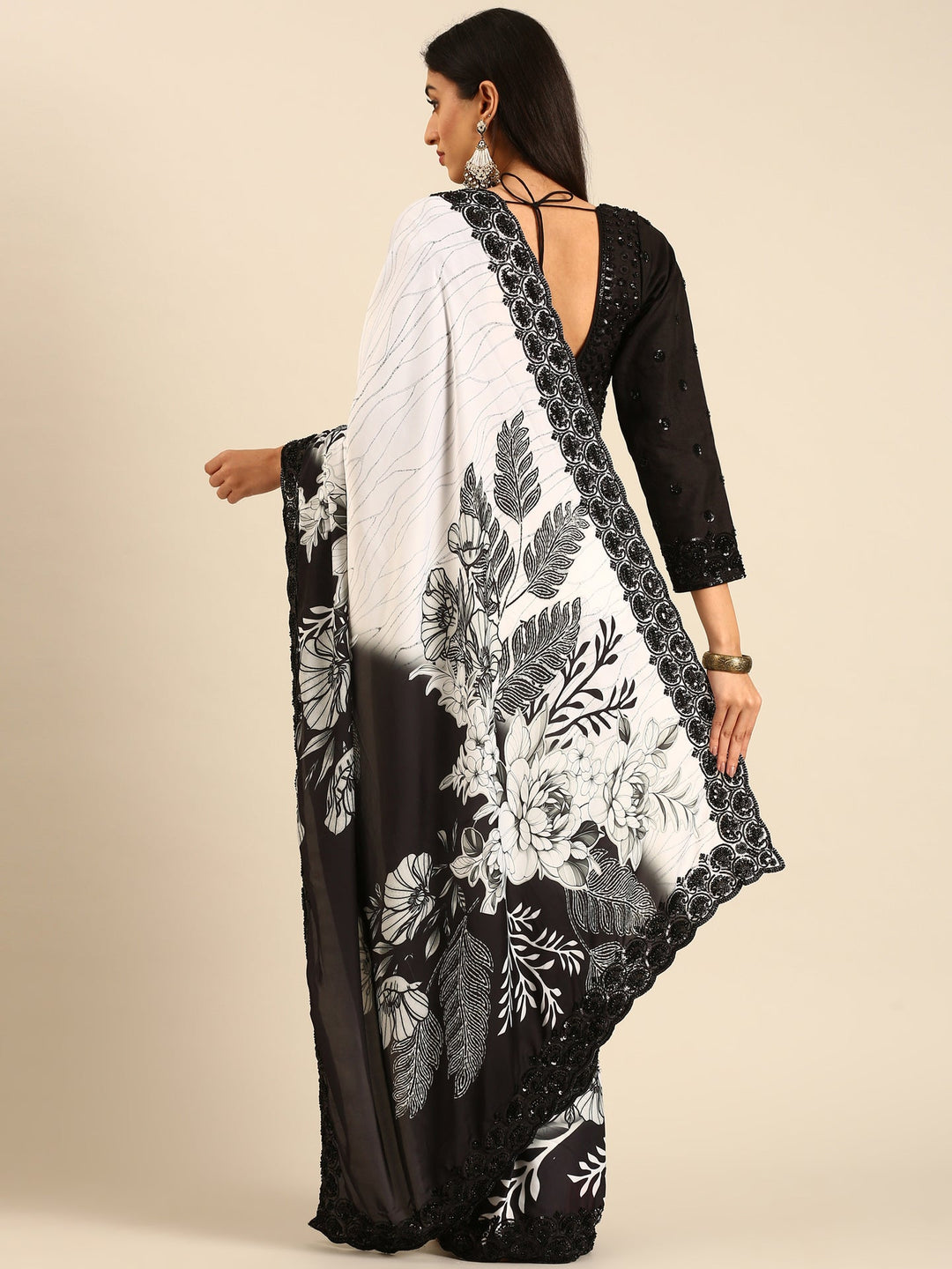 Neerus Black satin hand embroidered printed saree with blouse - back view