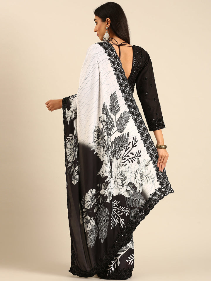 Neerus Black satin hand embroidered printed saree with blouse - back view