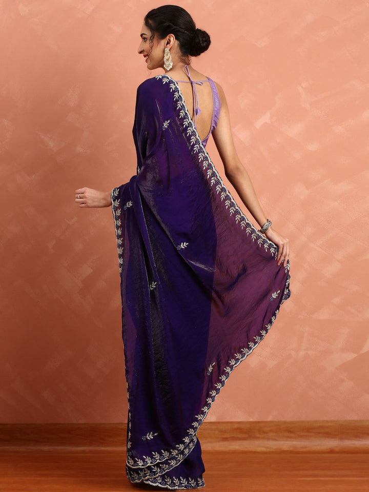 Neerus Purple tissue hand embroidered saree - back view