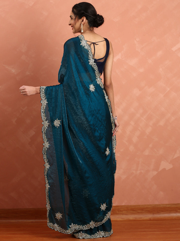 Neerus Blue satin hand embroidered saree - side view