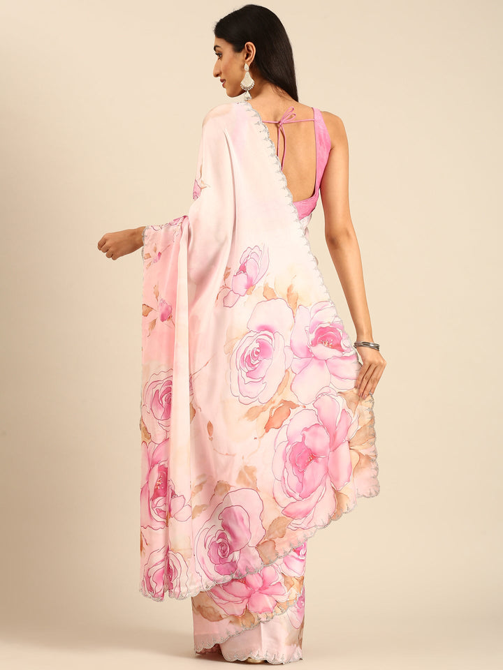 Pink satin floral printed saree with Swarovski embroidery