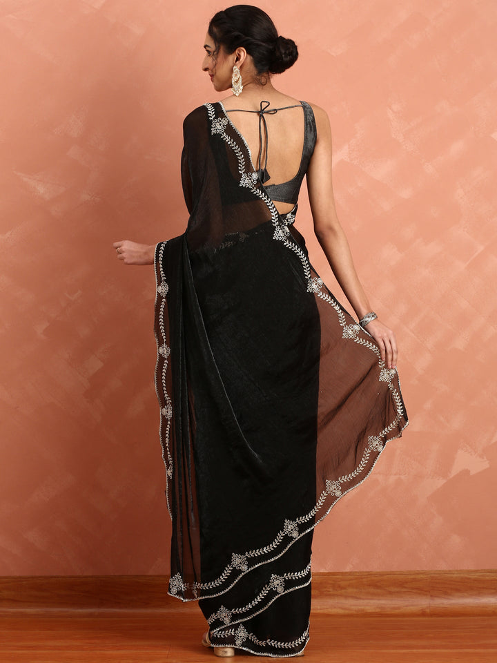 Black Jimmy Tissue Saree With Hand Embroidery