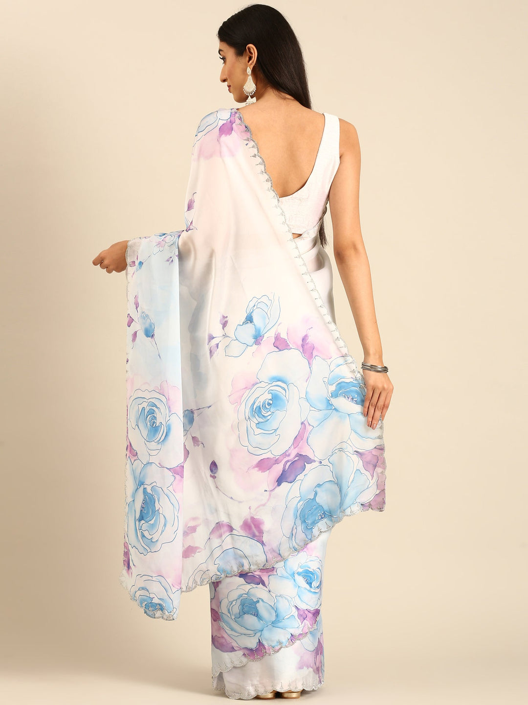 Neerus Blue Satin Embellished Floral Printed Saree - back view
