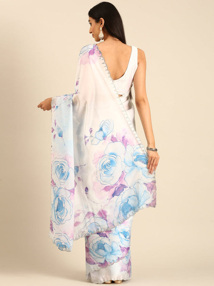 Neerus Blue Satin Embellished Floral Printed Saree - back view
