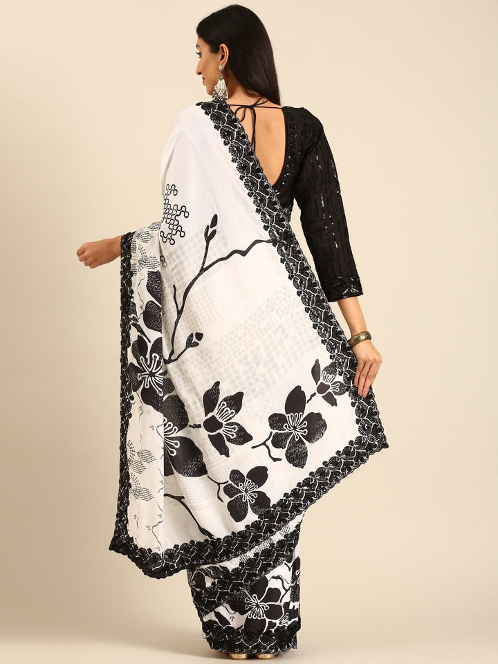Black & white satin printed saree with hand embroidery & ready made blouse