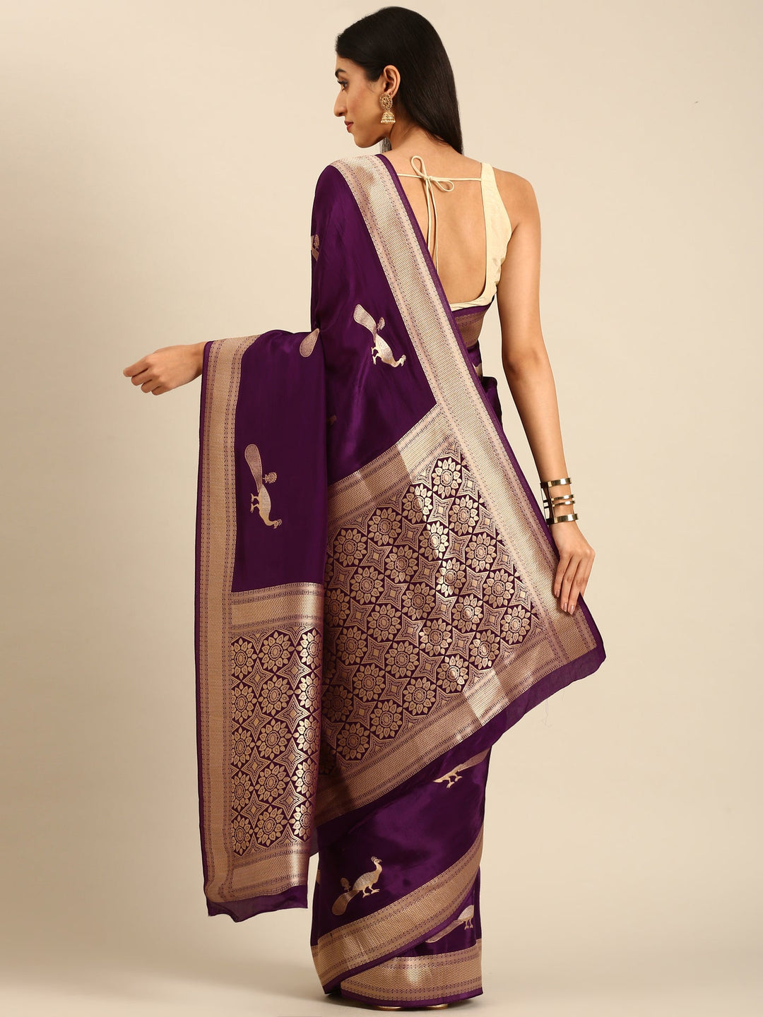 Neerus Maroon Banarasi woven saree with peacock motifs and zari border - back view