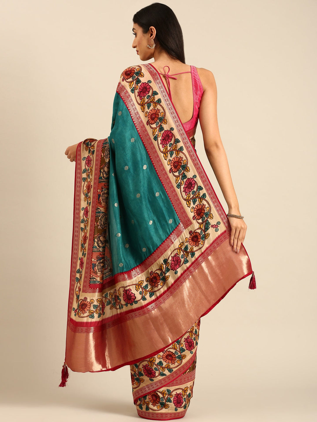Neerus Green Banarasi printed saree with Kalamkari border - side view
