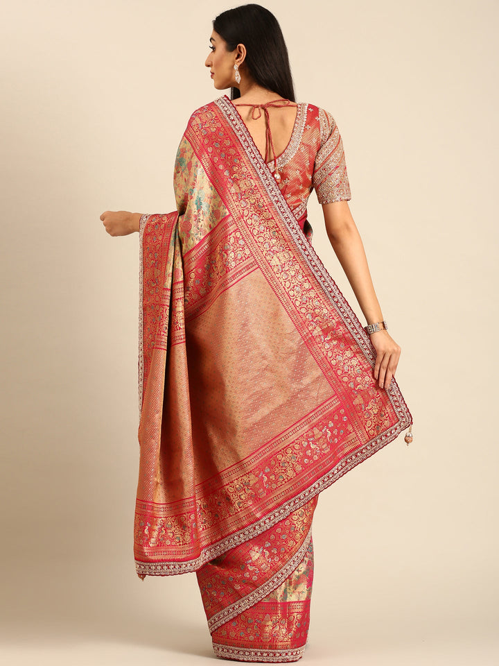 Neerus Gold Banarasi hand embroidered saree with meenakari jaal border - back view