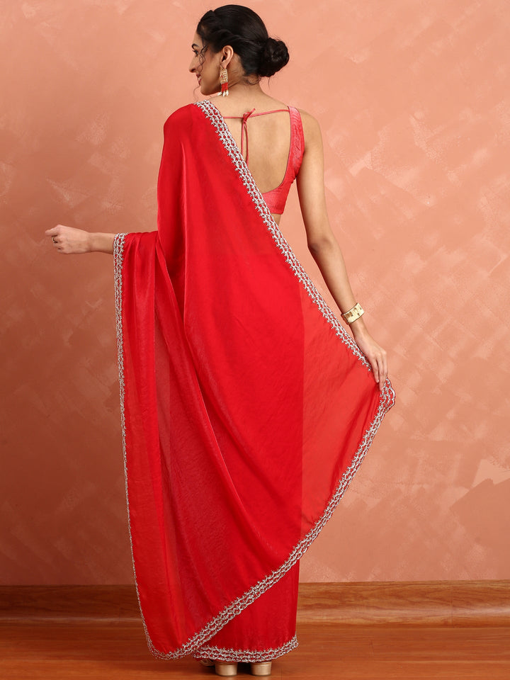 Neerus Red embellished Jimmy saree with pearl and cut Dana embroidery - back view