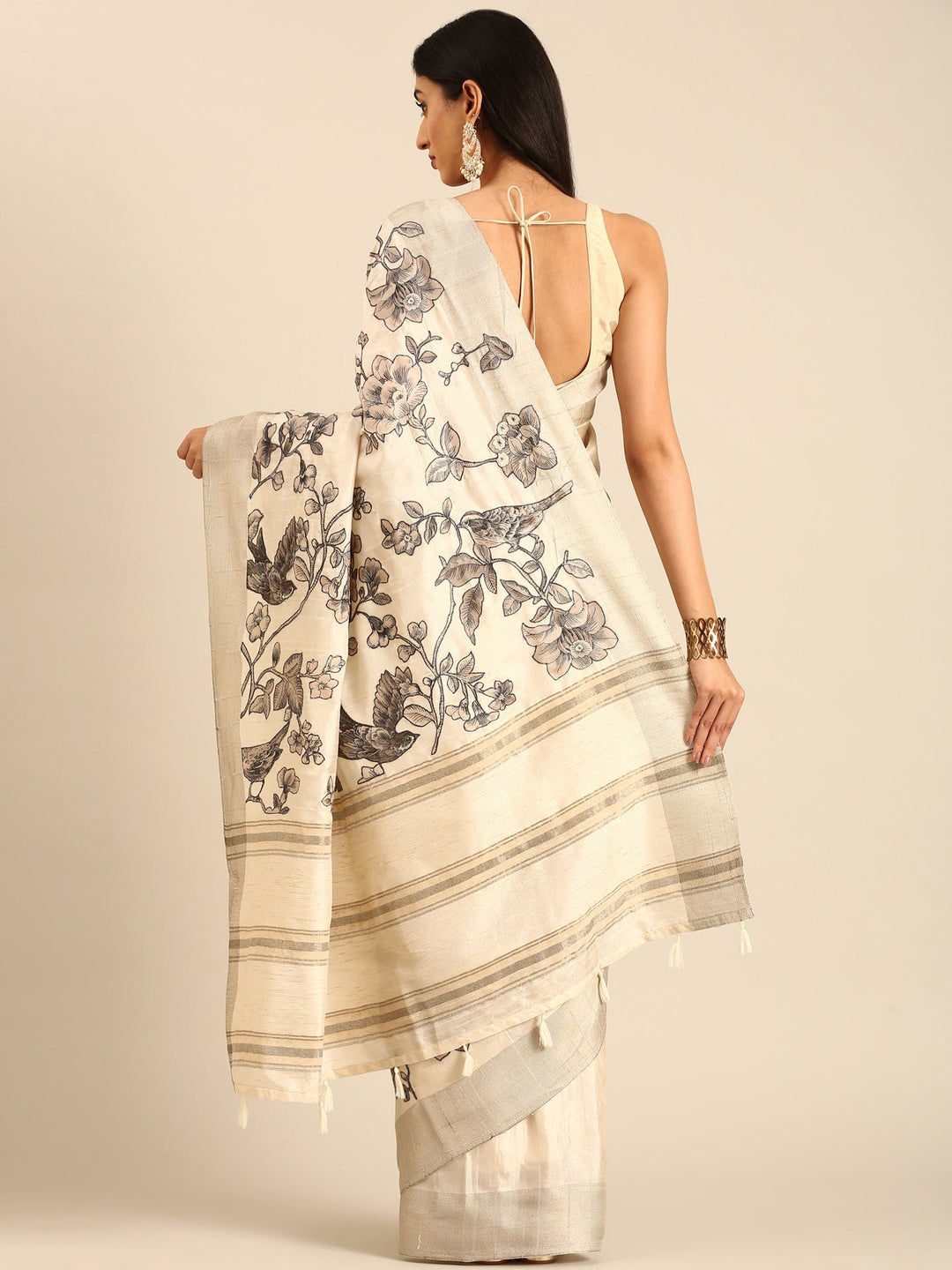 Neerus White raw silk printed floral saree - side view