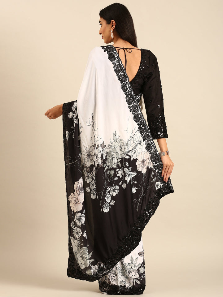 Black & White Satin Printed Saree With Hand Embroidery & Readymade Blouse