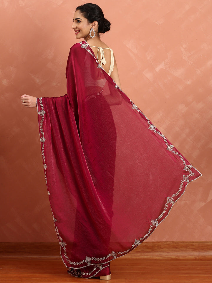 Neerus Maroon tissue hand embroidered saree - side view
