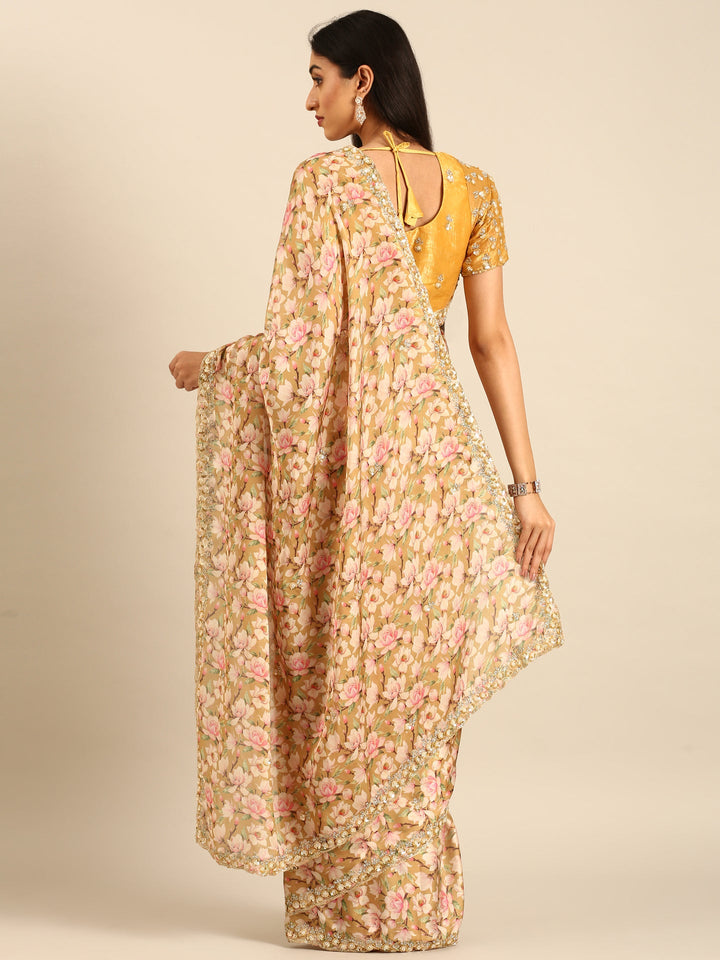Neerus Yellow satin embellished saree with readymade blouse - back view