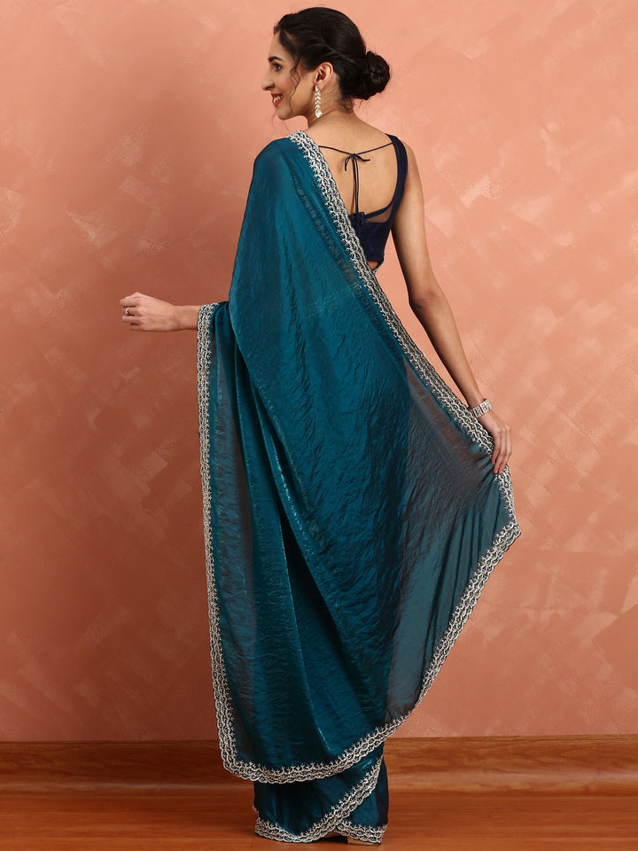 Neerus Blue Jimmy embellished saree with pearl and cut Dana embroidery - back view