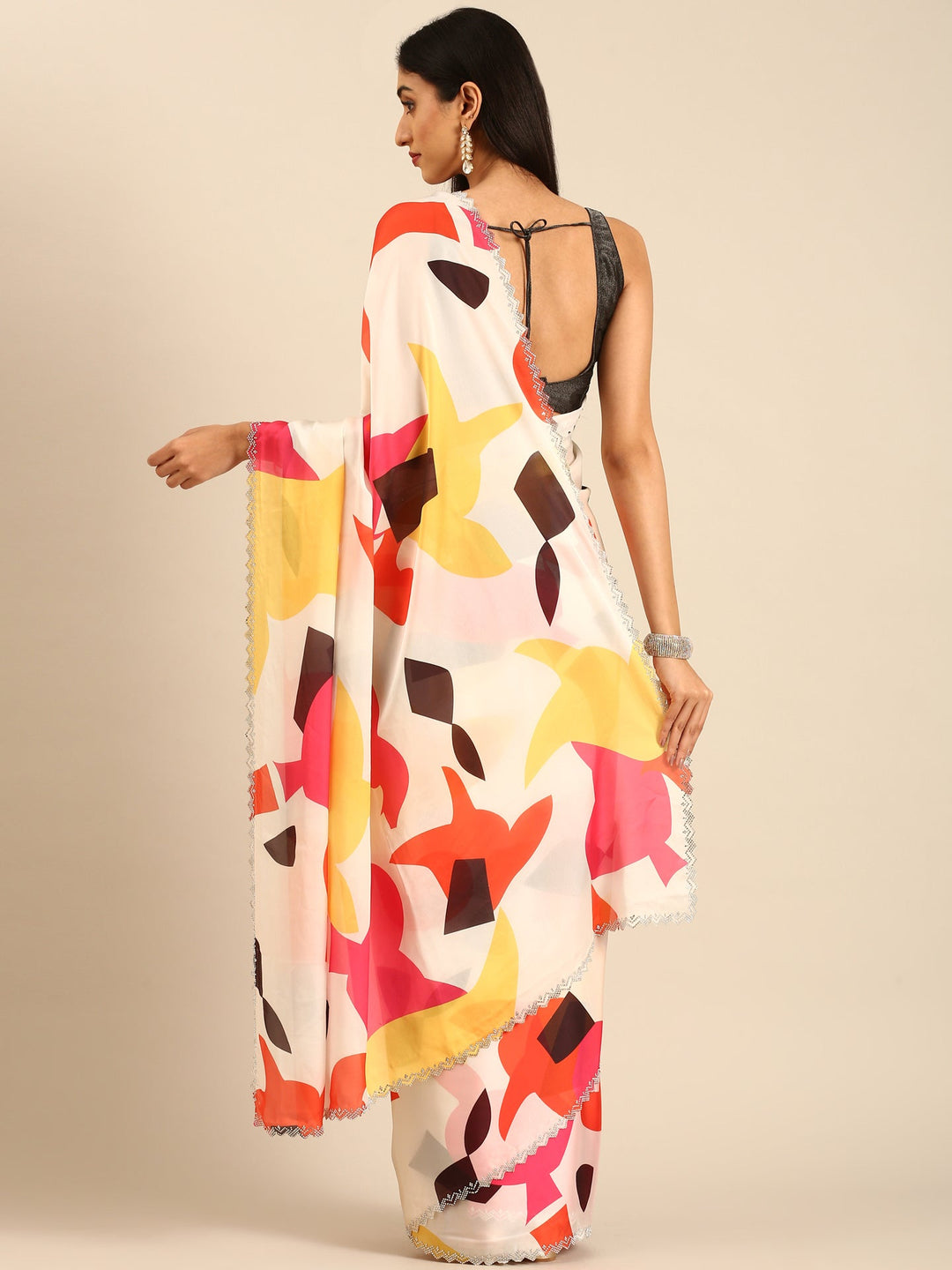 Neerus Satin Embellished Printed Saree with Swarovski Border - back view