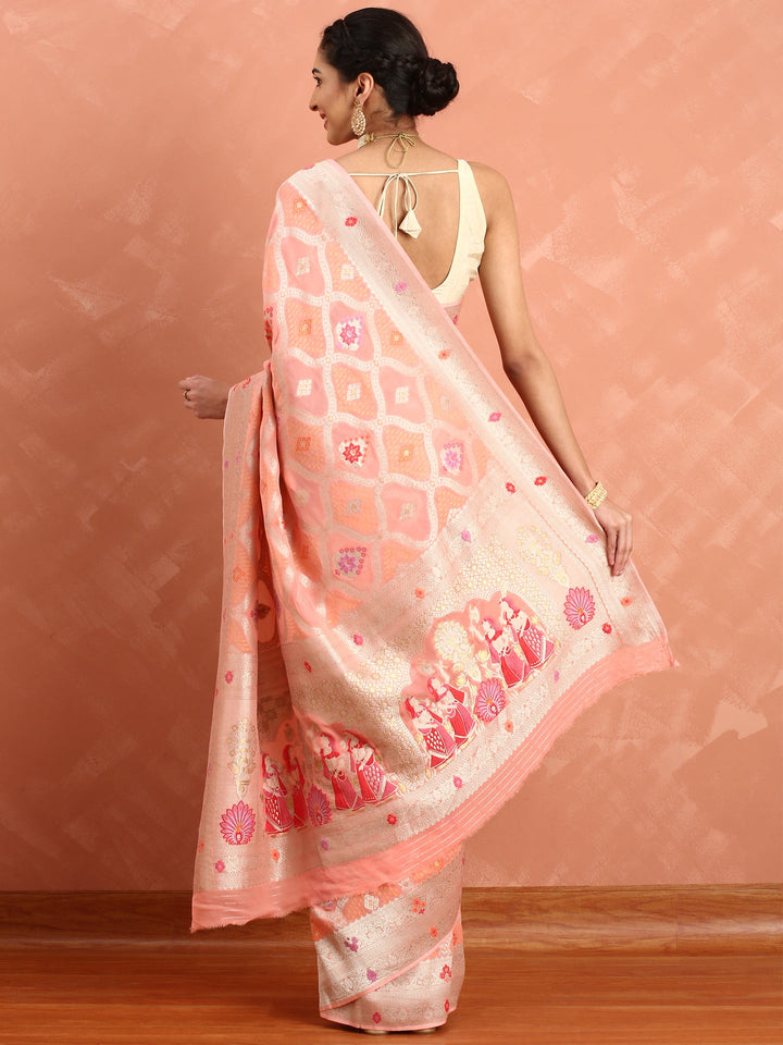 Neerus Pink Banarasi woven saree - side view