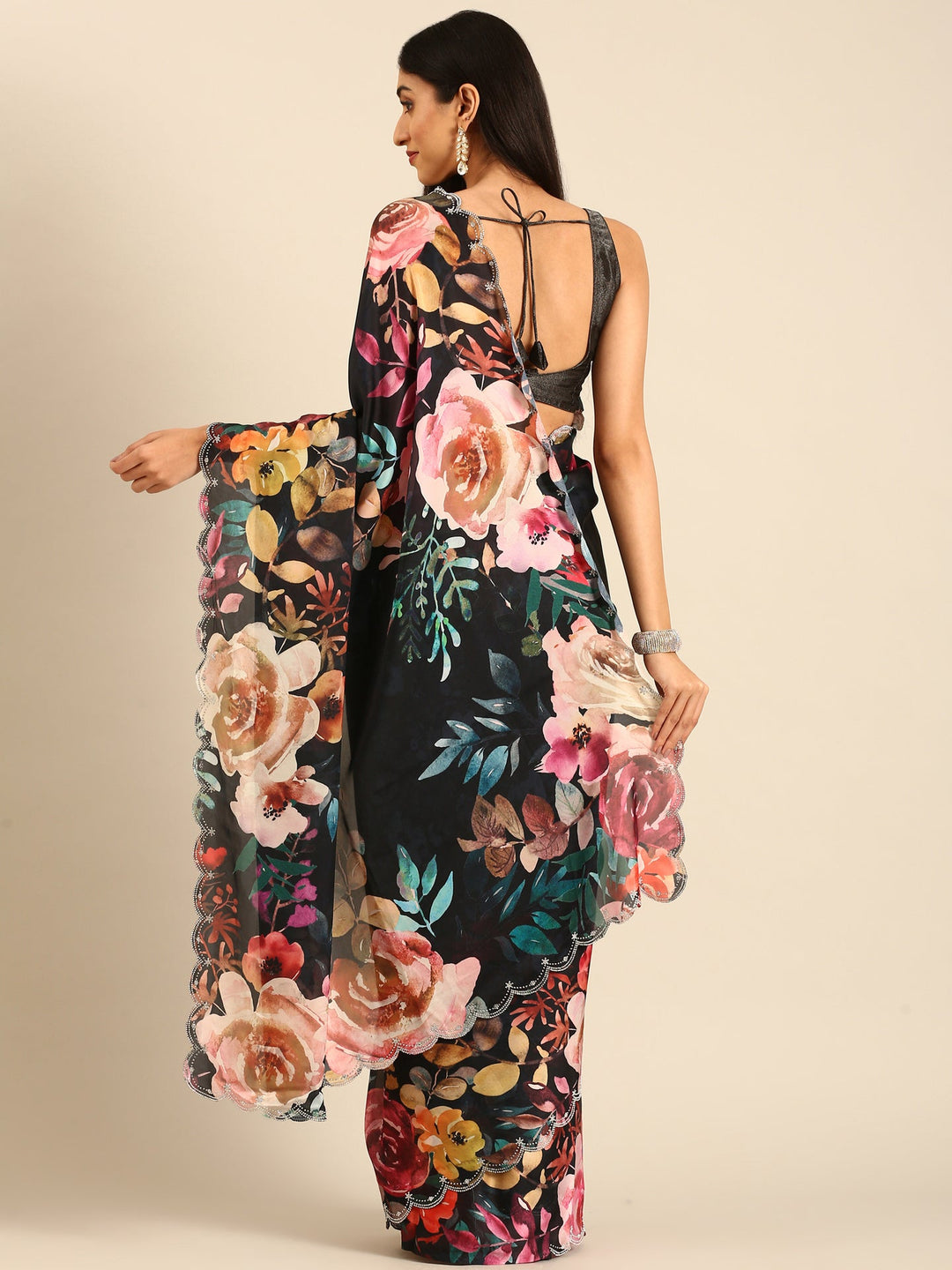 Neerus Black satin embellished saree with floral print - back view
