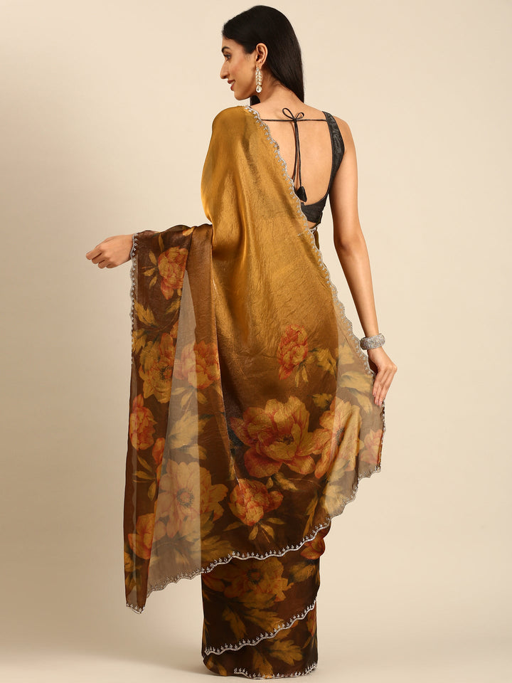 Neerus Gold tissue embellished saree with floral print - back view