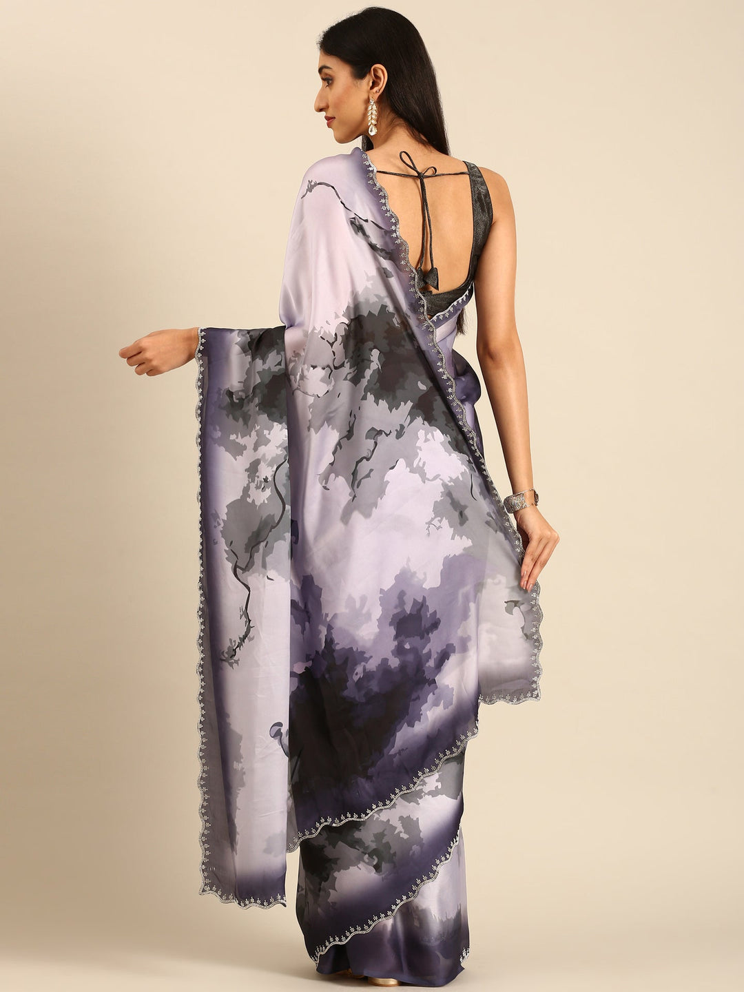 Neerus Satin embellished printed saree - back view