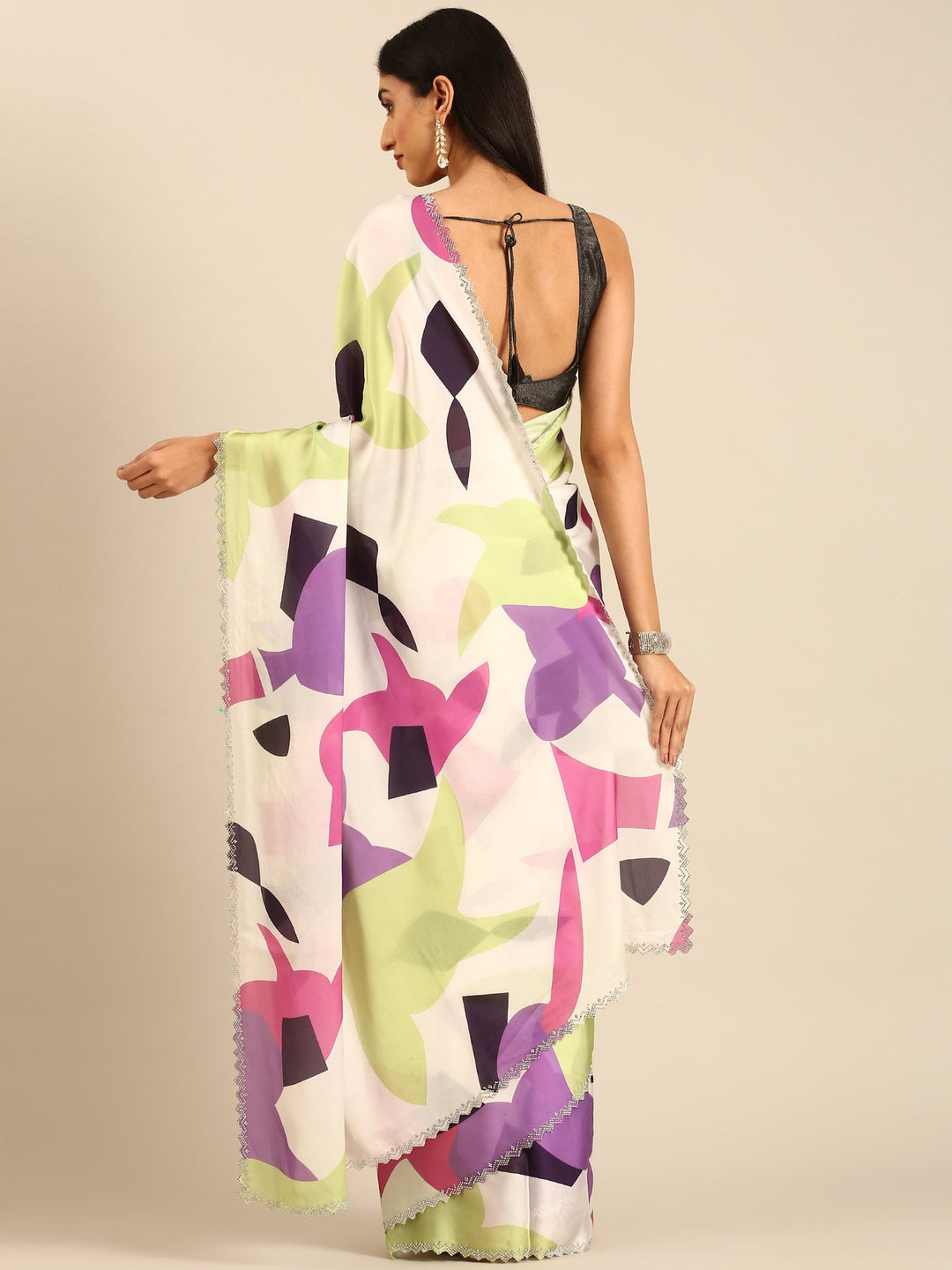 Neerus White satin embellished saree cream purple printed - back view