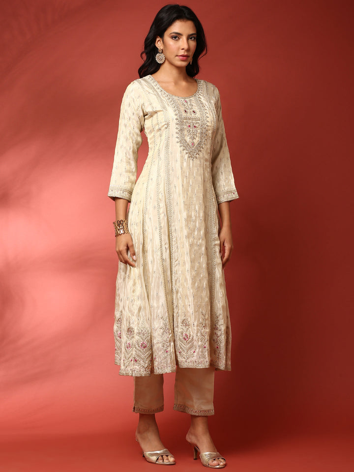 Beige three piece tissue silk hand embroidered anarkali set