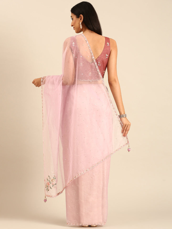 Purple Organza Saree With Hand Embroidery & Readymade Heavy Blouse Hand Embroidered