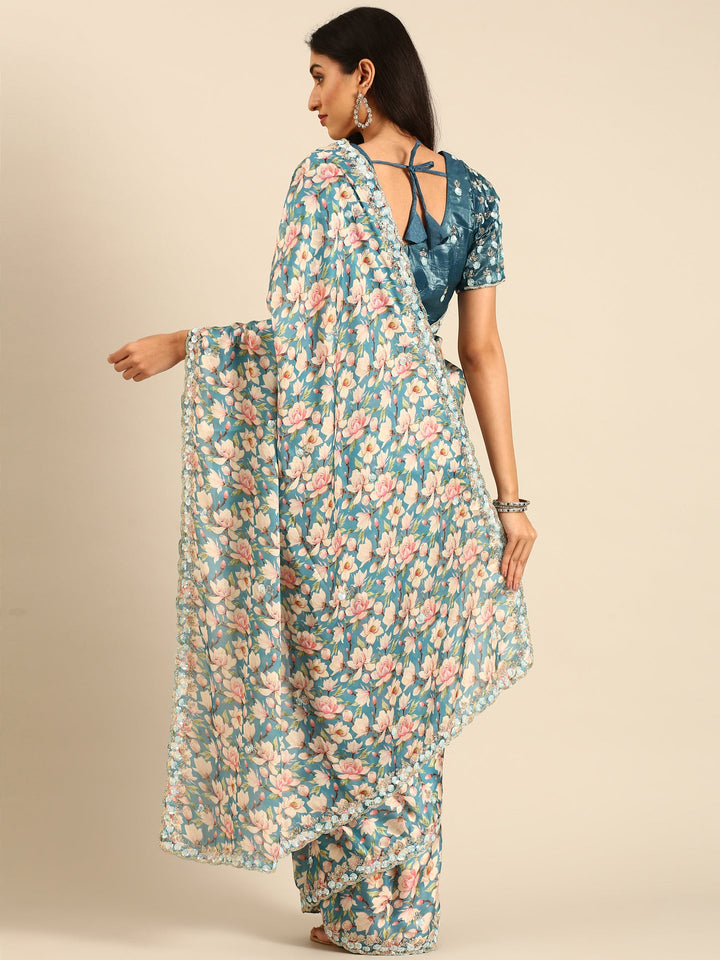 Blue floral printed satin saree with pearls & sequins embroidery with heavy ready made blouse