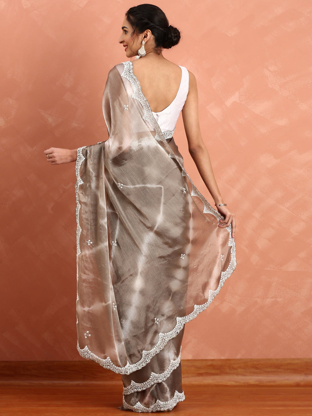 Neerus Grey organza hand embroidered saree - back view