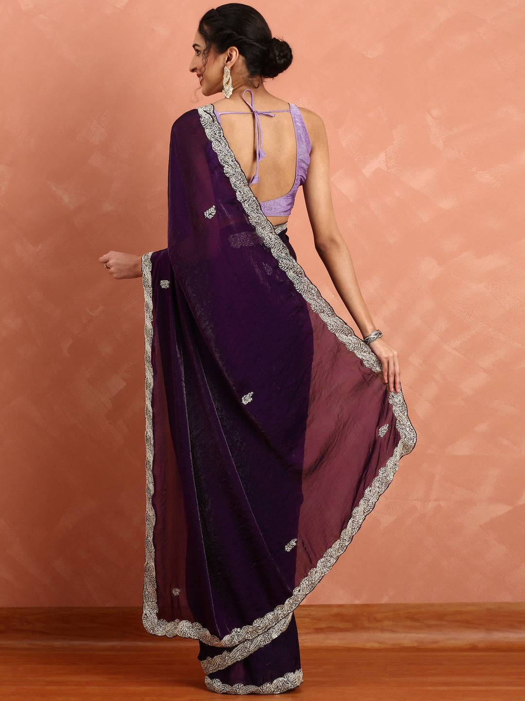Neerus Maroon satin hand embroidered saree - side view