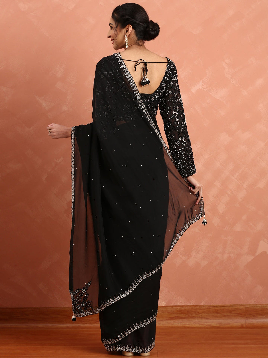 Neerus Black organza hand embroidered saree - back view