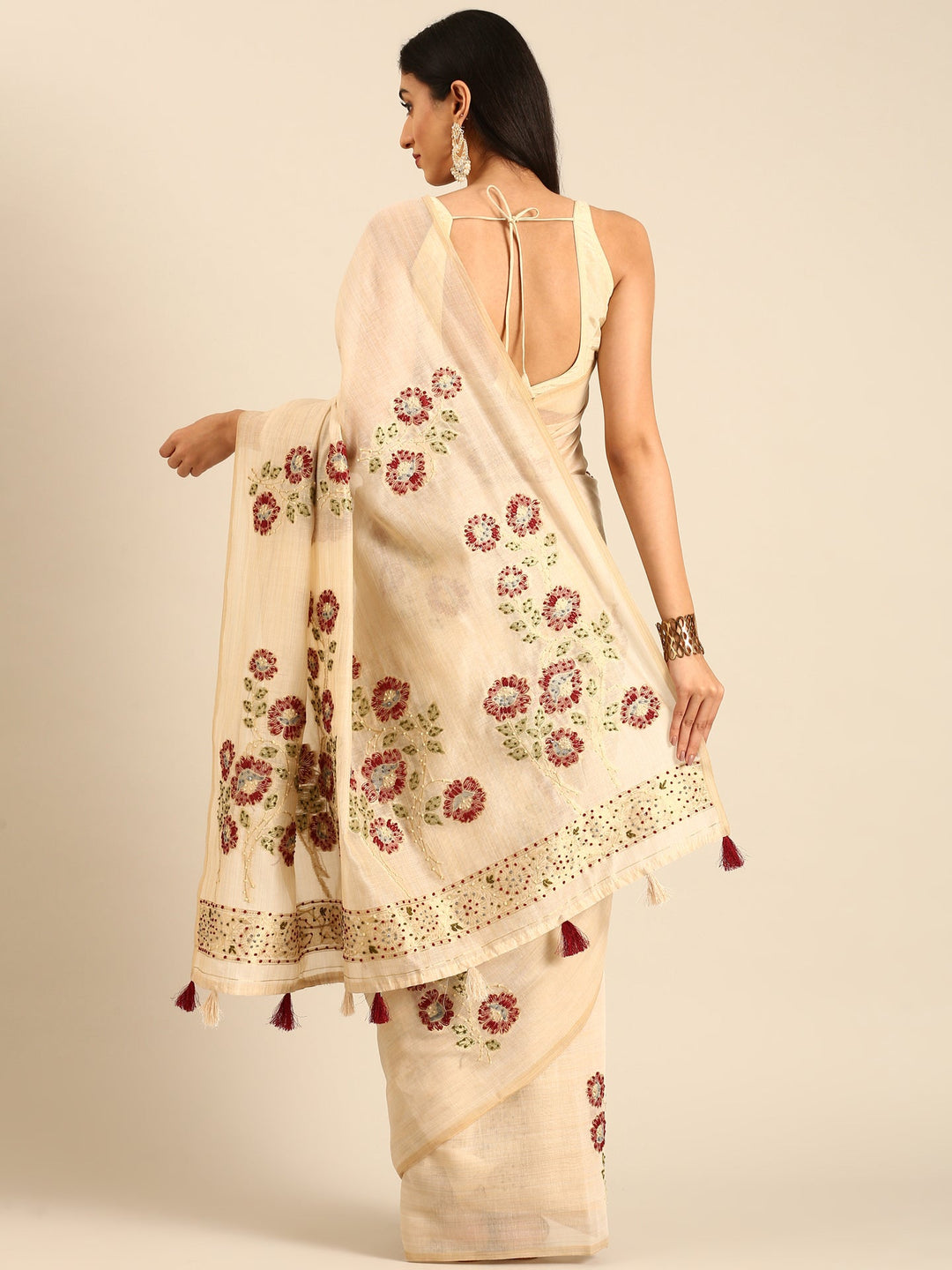 Neerus Beige Chanderi embellished saree - side view