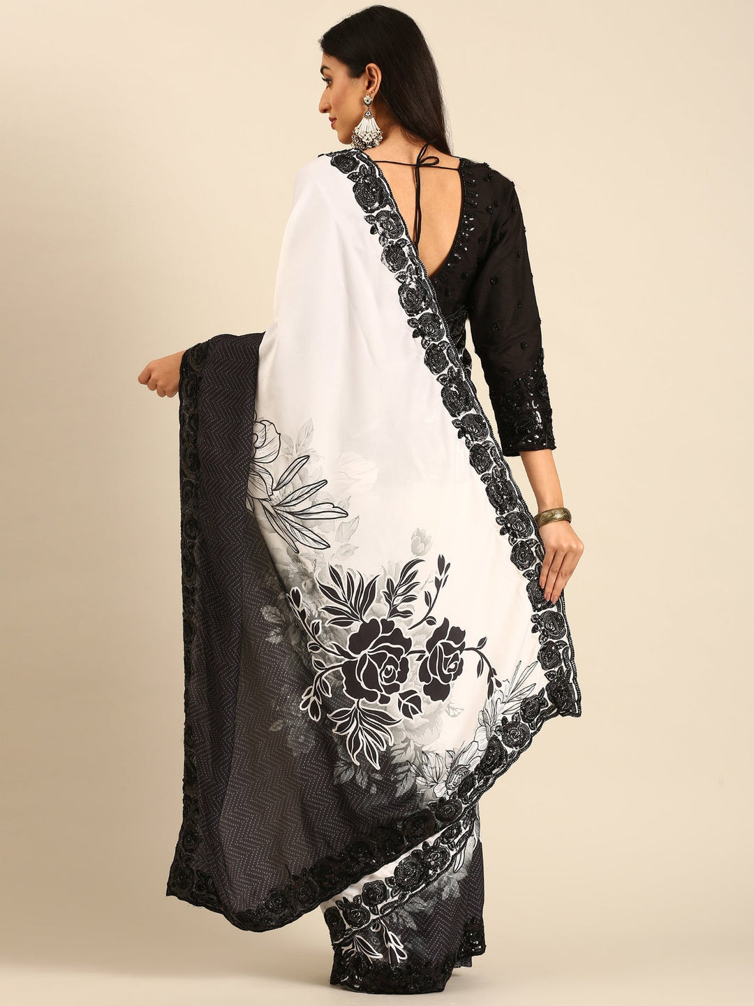 Neerus Black satin hand embroidered printed saree - back view