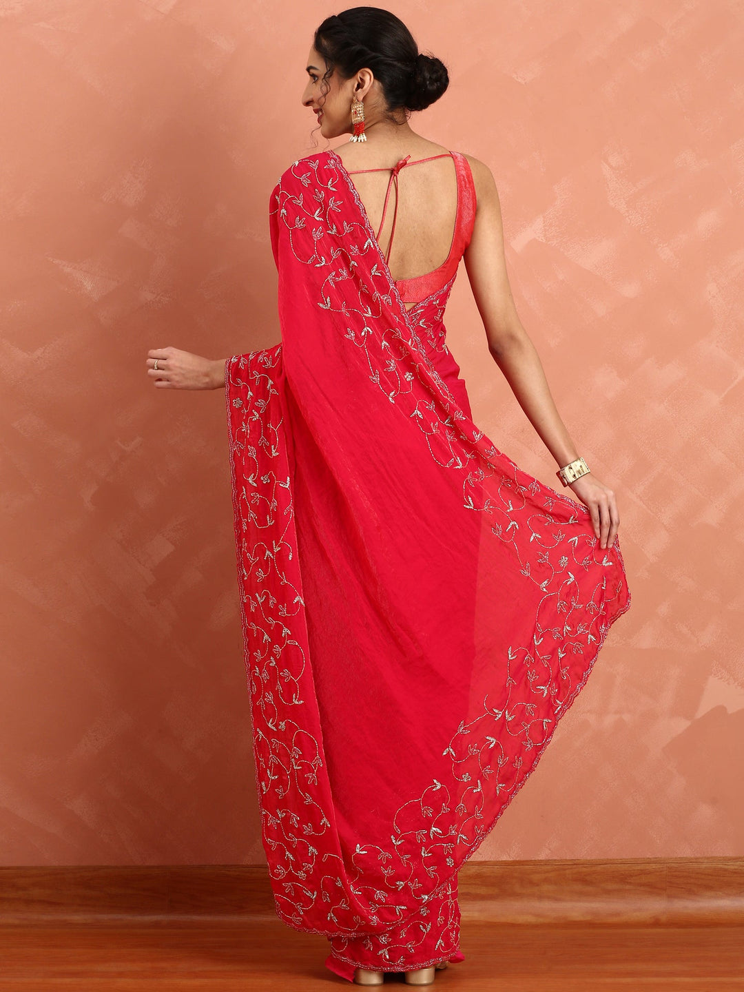 Neerus Pink net hand embroidered saree - side view