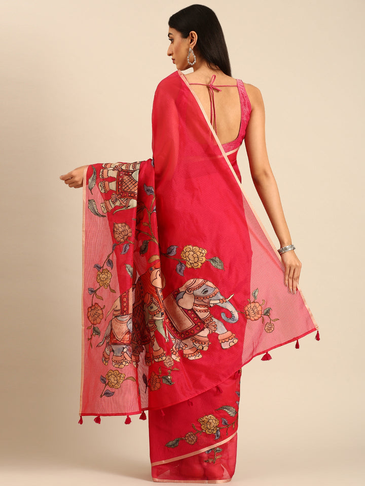 Neerus Pink Kota embellished saree with kalamkari appliqué pallu - back view
