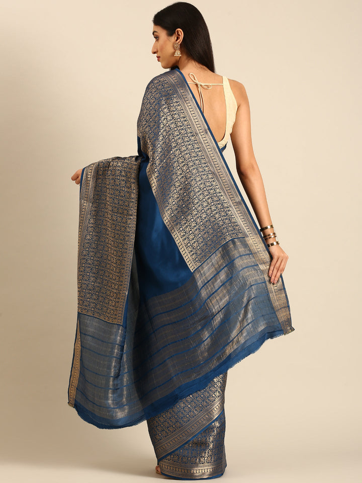 Neerus Blue Crepe Woven Saree with Zari Jaal Border - side view