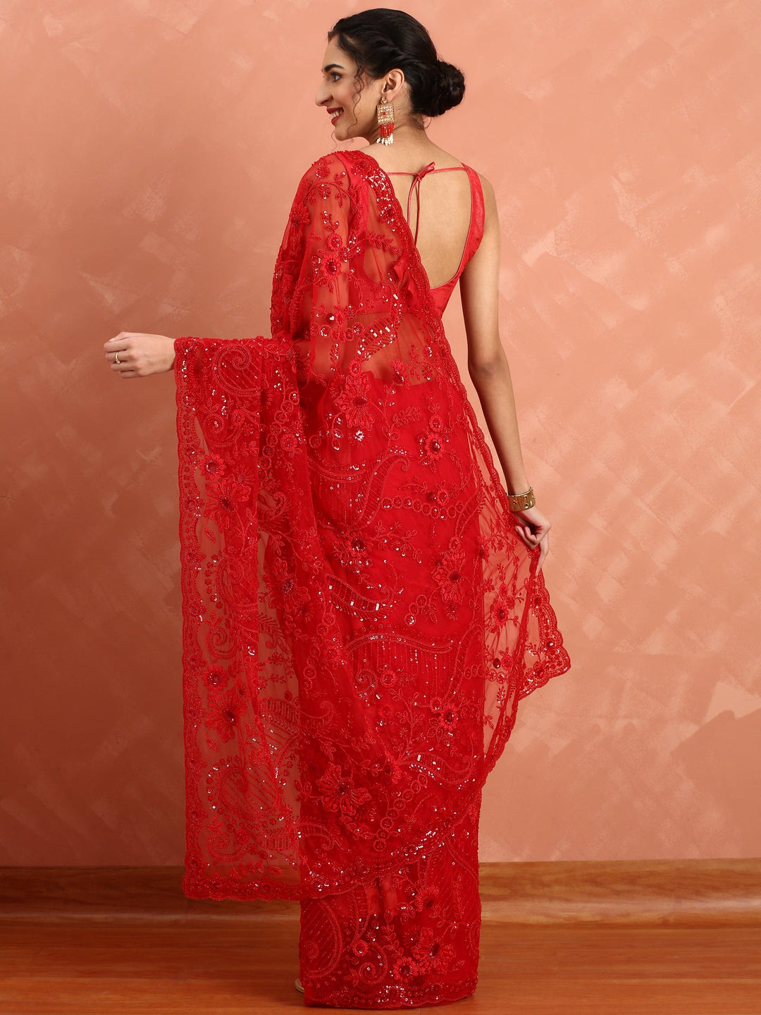 Neerus Red net hand embroidered saree with pearl sequins - side view