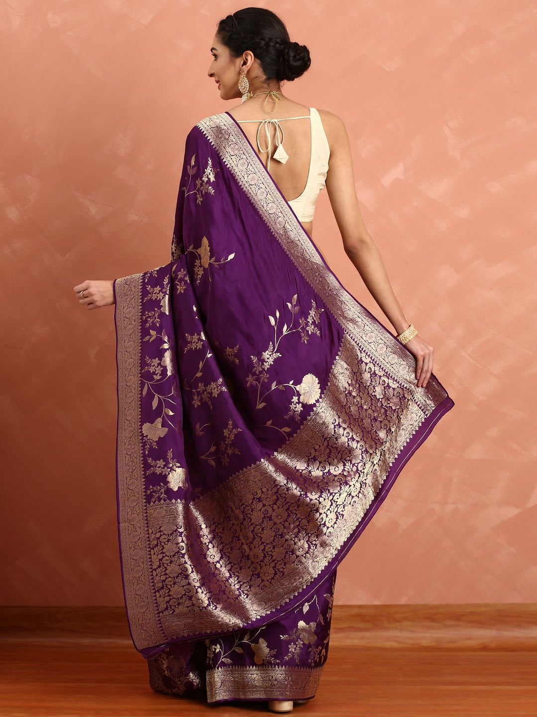 Neerus Maroon Banarasi woven saree with gold motifs - side view