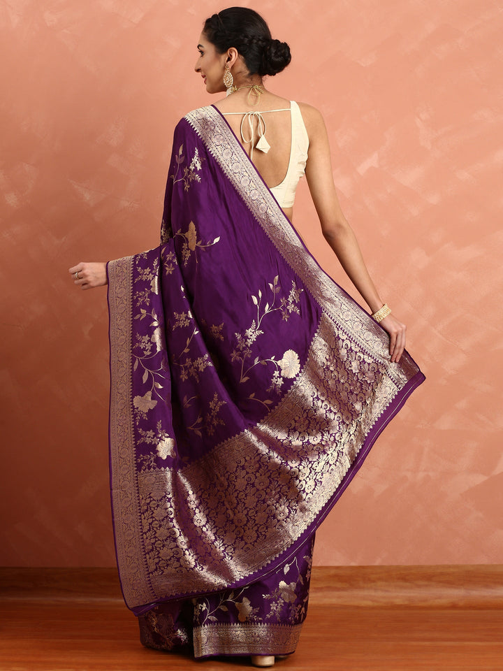 Neerus Maroon Banarasi woven saree with gold motifs - side view