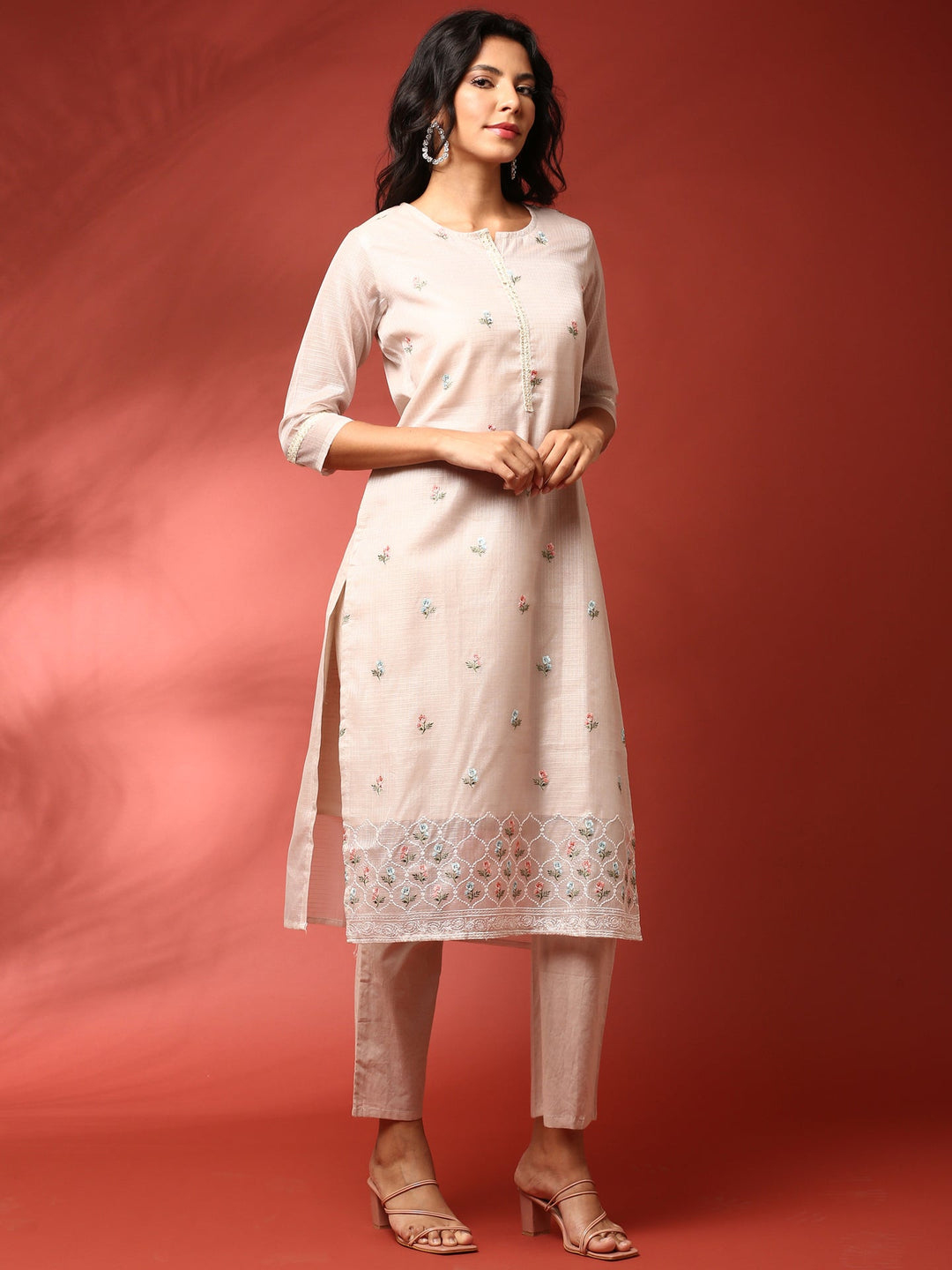 Neerus Beige Chanderi thread embroidered suit set - back view