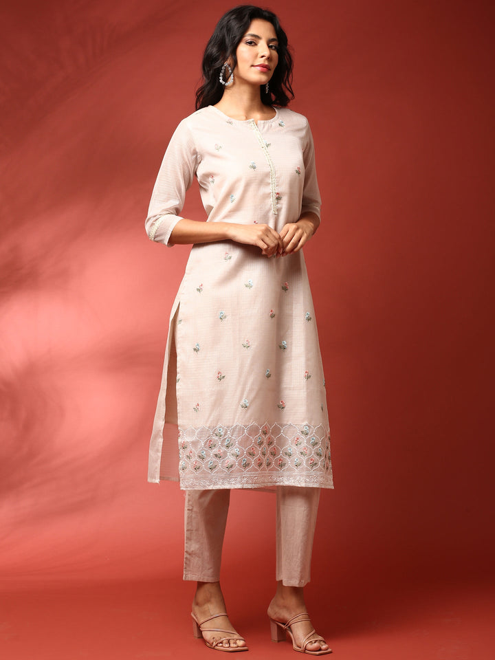 Neerus Beige Chanderi thread embroidered suit set - back view