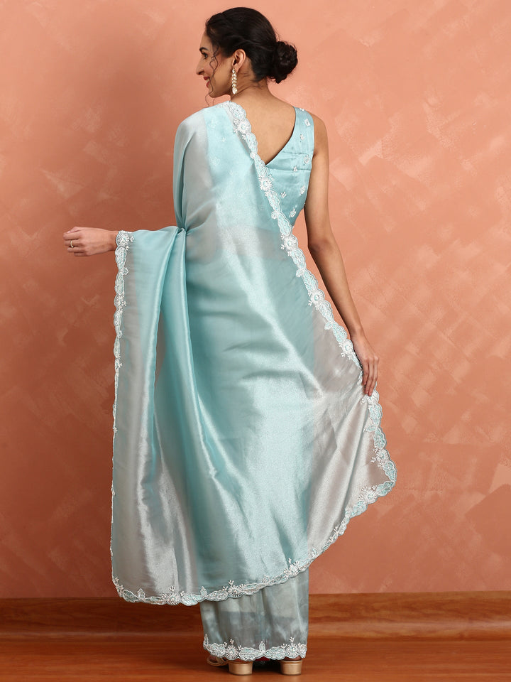 Neerus Blue tissue embellished saree with pearl and sequin work - back view