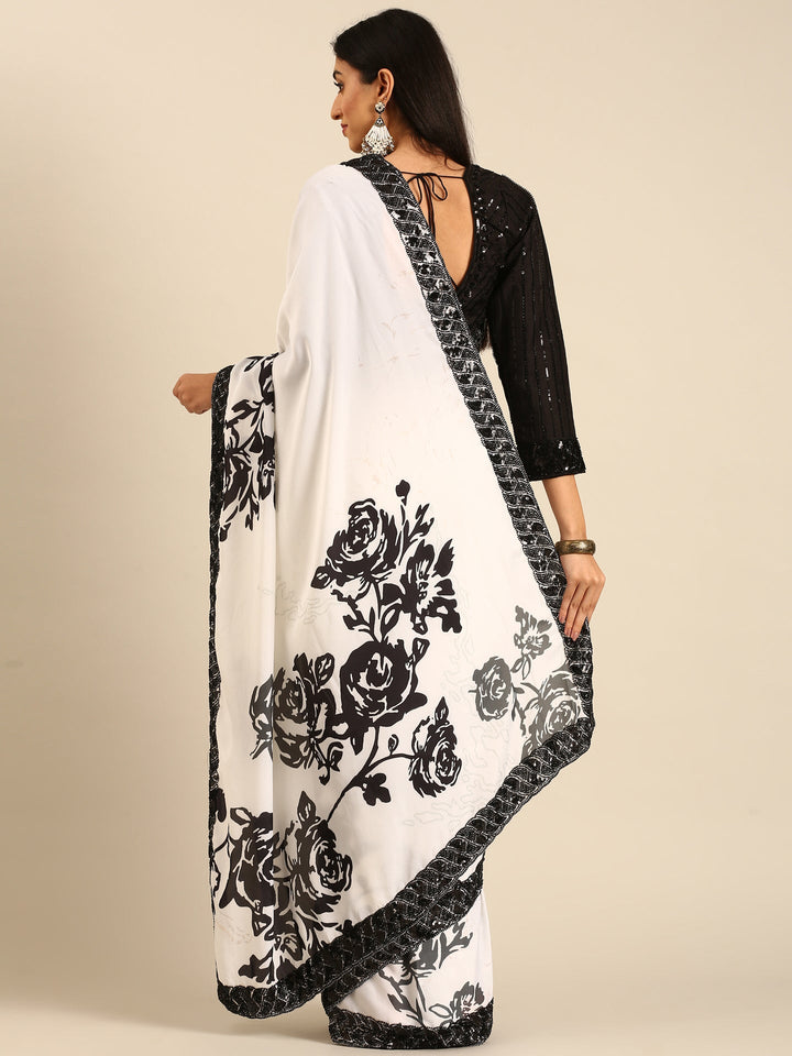 Neerus Black satin hand embroidered printed saree - back view