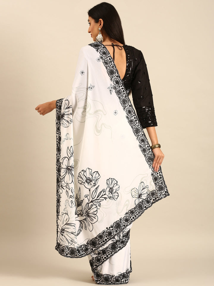 Black & White Satin Printed Saree With Hand Embroidery And Ready Made Blouse
