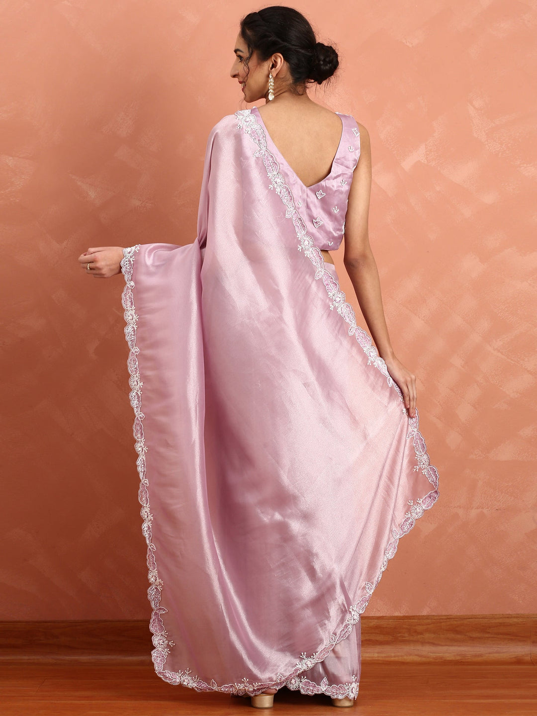 Neerus Purple tissue embellished saree with pearls and sequins - back view