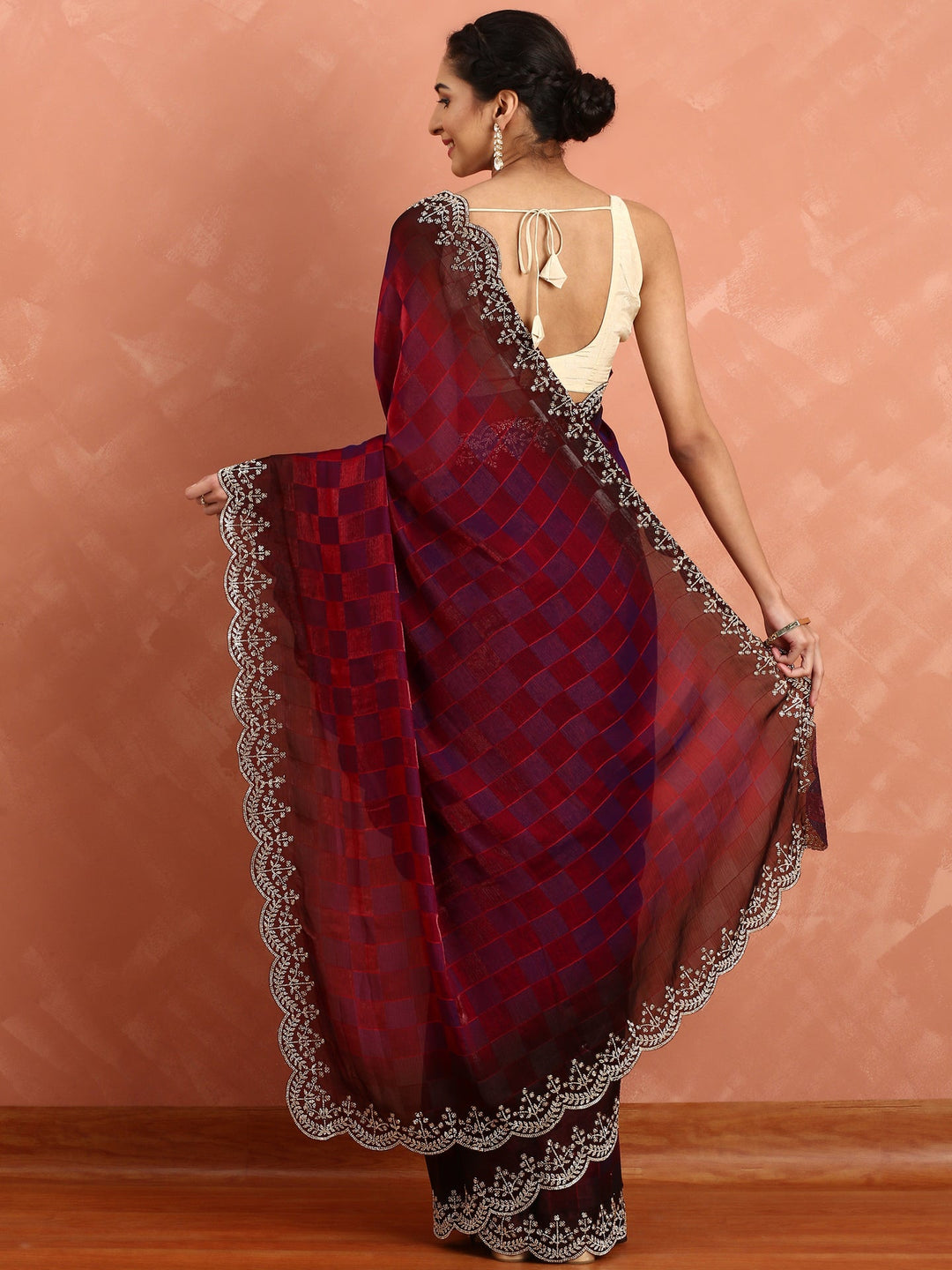 Neerus Maroon organza hand embroidered saree - side view