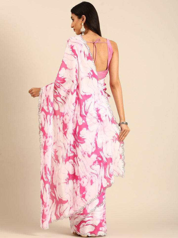 Neerus Pink satin embellished saree - back view