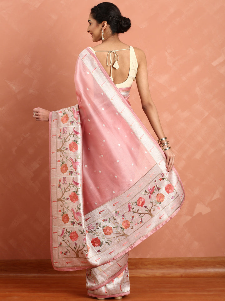 Neerus Pink Banarasi woven saree with Meena border - side view