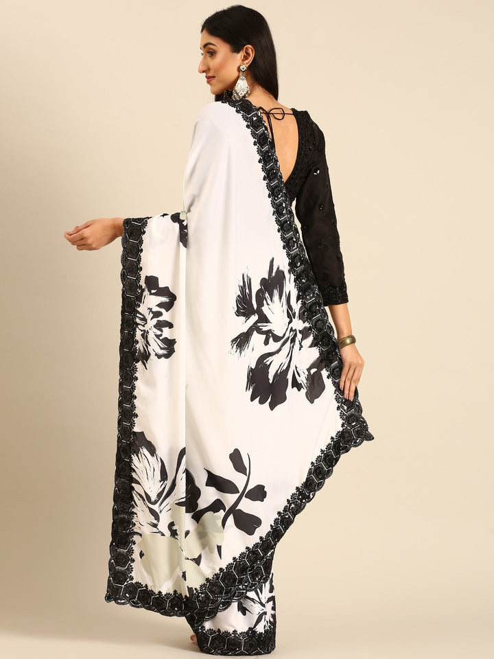 Neerus Black satin hand embroidered printed saree - side view