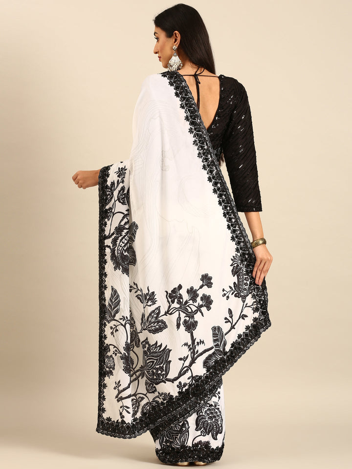 Black & white satin printed saree with hand embroidery & ready made blouse